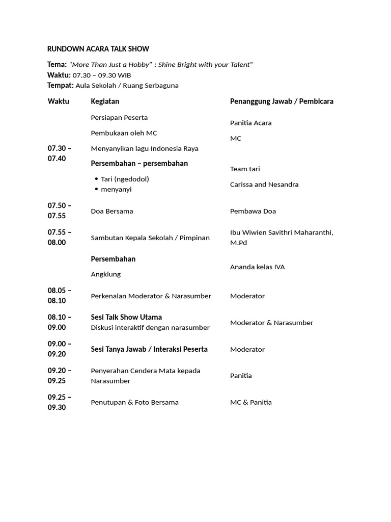 Rundown Acara Talk Show | PDF