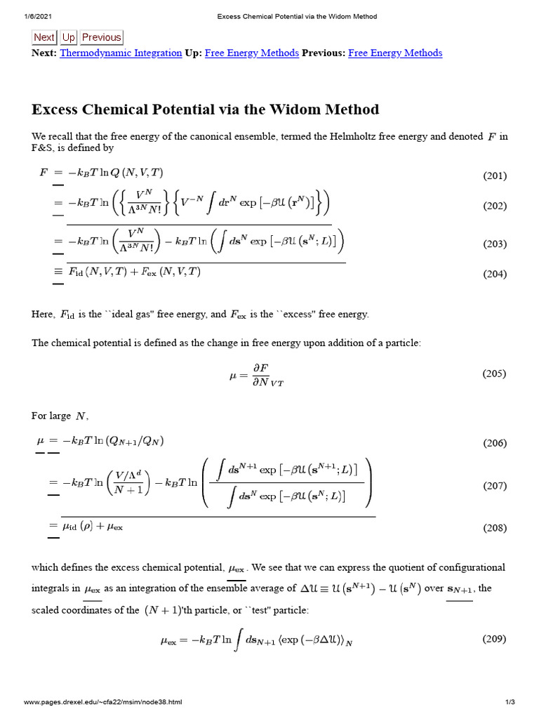 Excess Chemical Potential Via The Widom Method | PDF | Applied ...