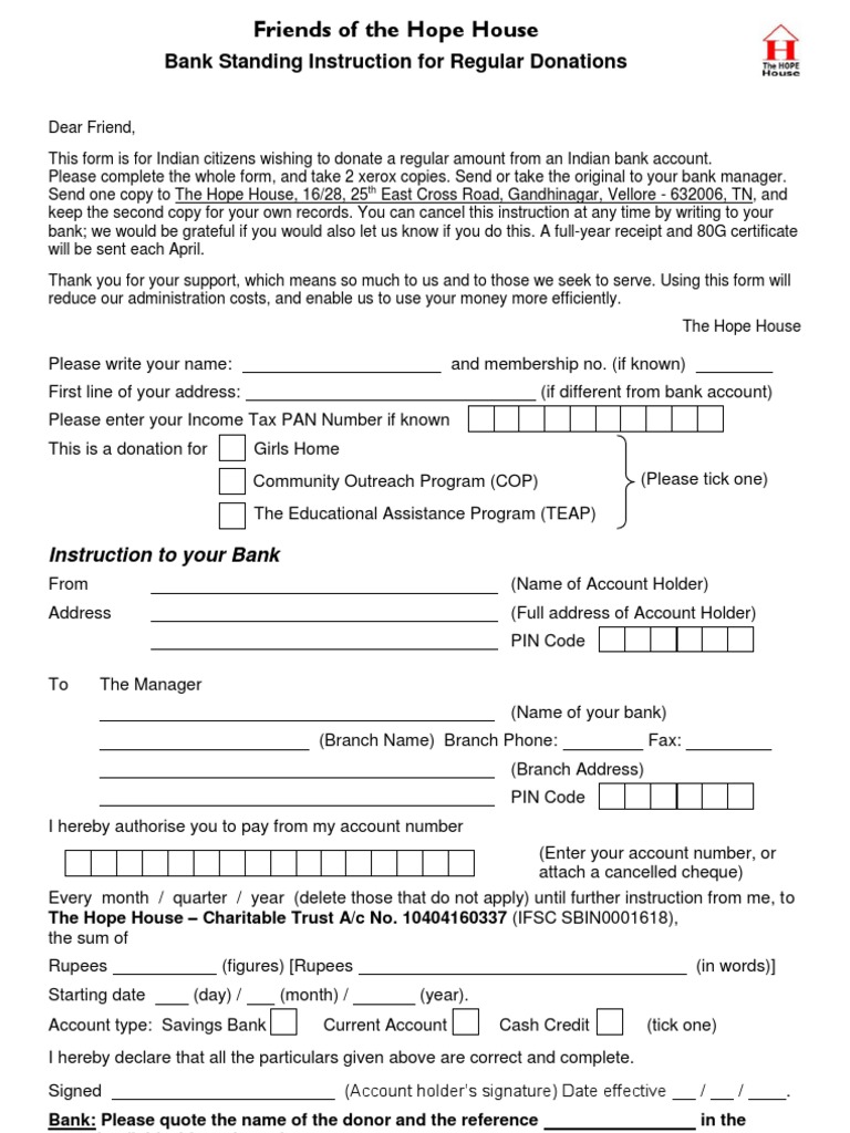 Bank Form For The Hope House PDF