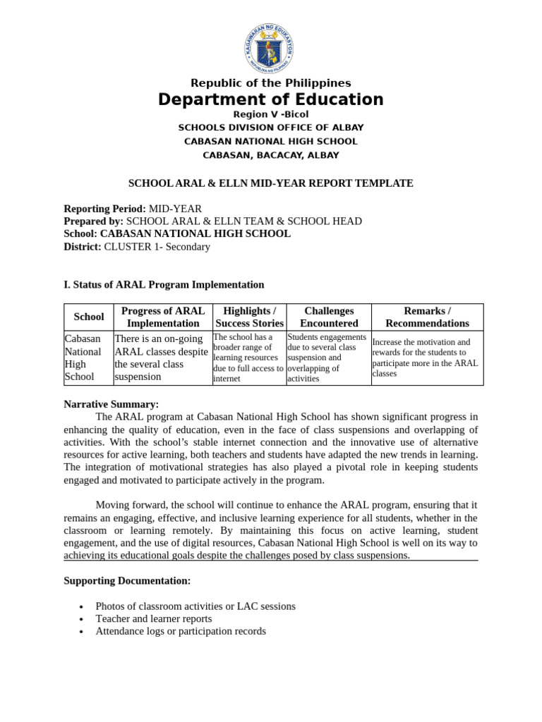 2025 Cabasannhs Aral Elln Mid Year Report | PDF | Literacy | Cognitive ...