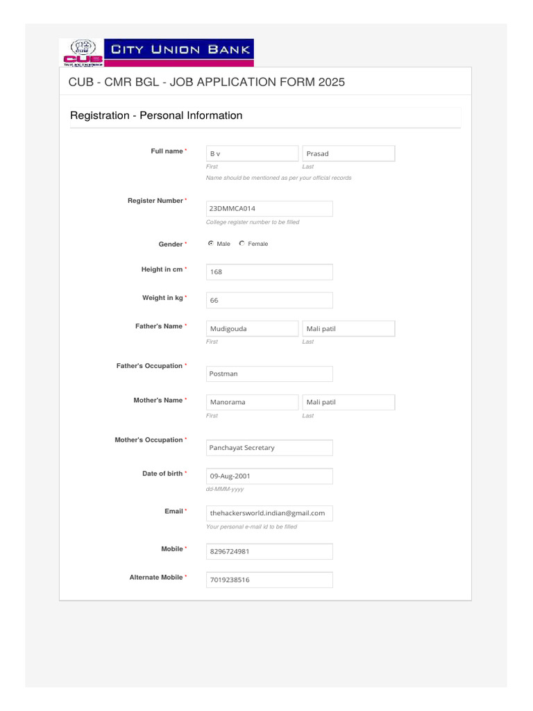 CUB-Job Application Form Executive Cadre | PDF