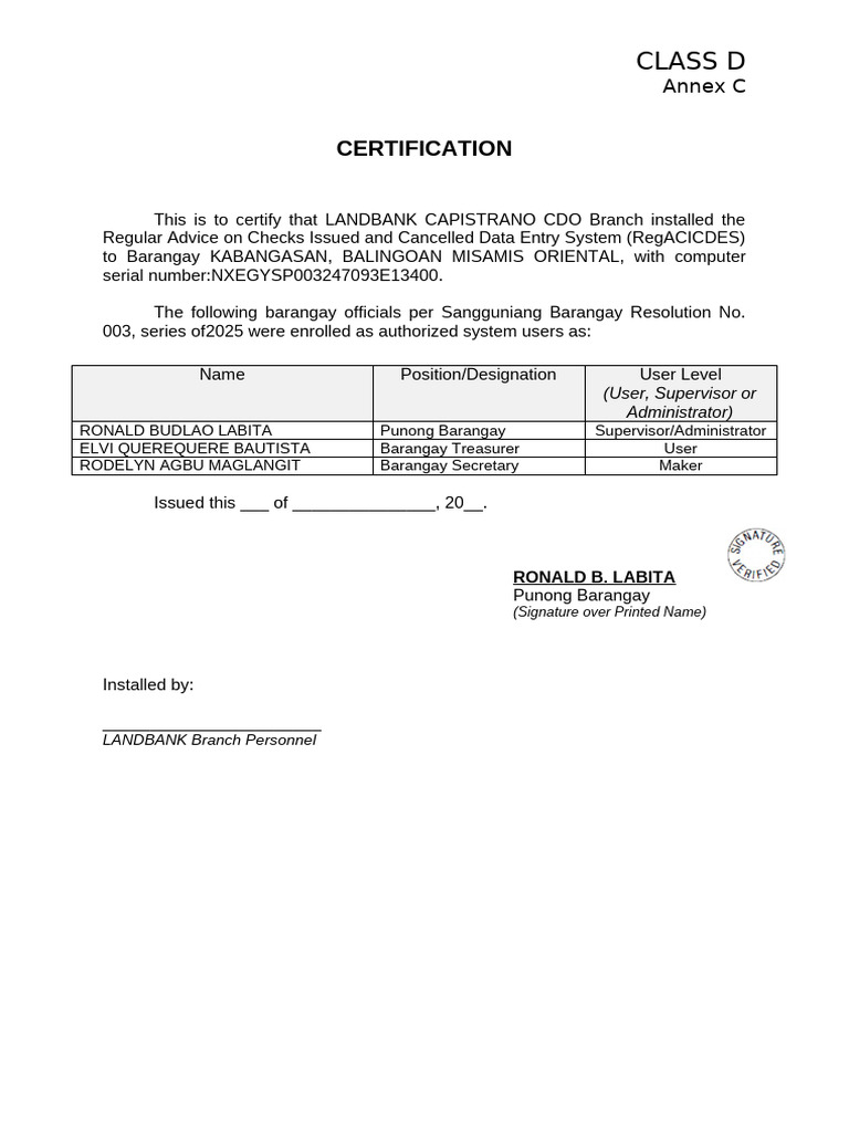 Annex C Certification RegACICDES Installation | PDF