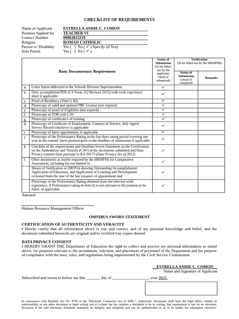Checklist of Requirements | PDF