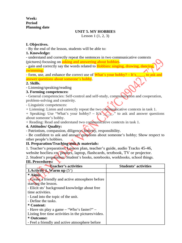 Unit 5 My Hobbies - Lesson 1 | PDF | Question | Learning