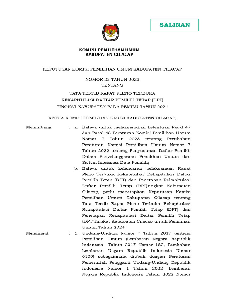 Salinan SK No23 Tata Tertib Rapat Pleno Rekap DPS | PDF