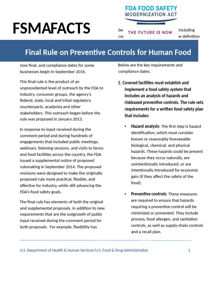 FSMA Final Rule For Preventive Controls For Human Food Fact Sheet | PDF ...