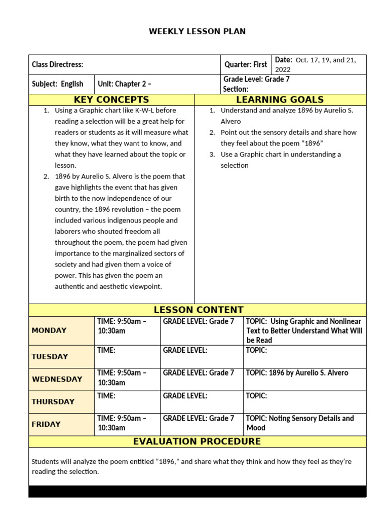GRADE 7 - 1896 by Alverio Lesson Plan (Semi-Detailed) | PDF | Lesson ...