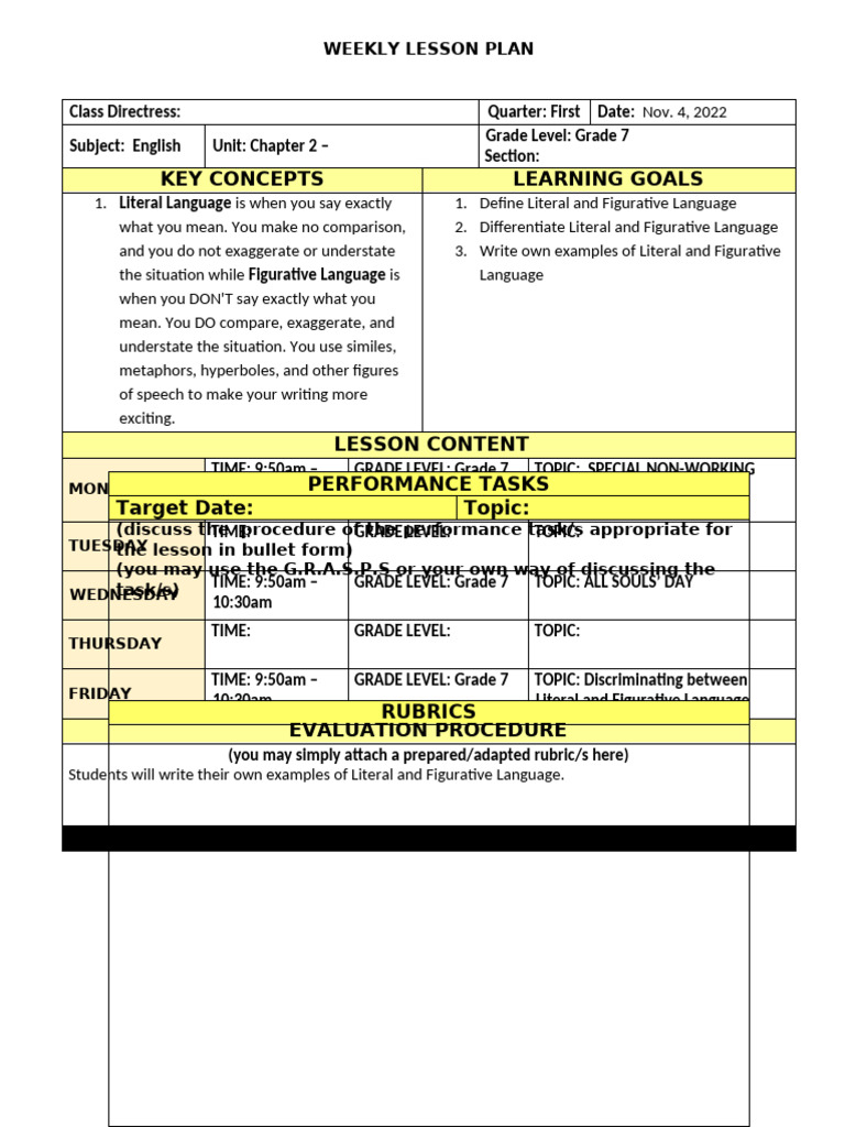 GRADE 7 - Literal and Figurative Language Lesson Plan (Semi-Detailed) | PDF