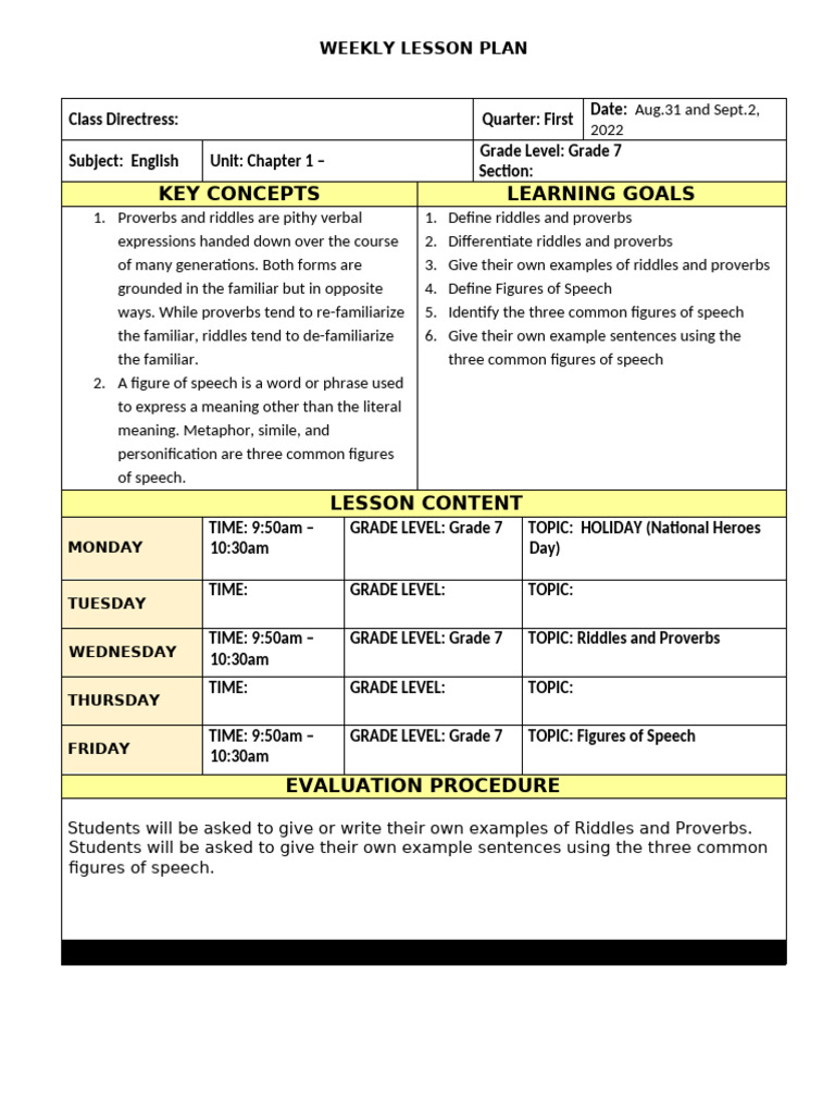 GRADE 7 - Figures of Speech Lesson Plan (Semi-Detailed) | PDF | Proverb ...
