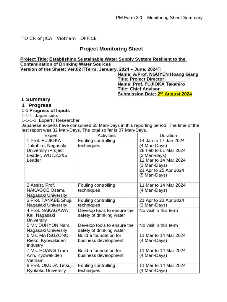 2nd Monitoring Sheet Summary (Form 1) 20240731 (Submission Rev0 ...