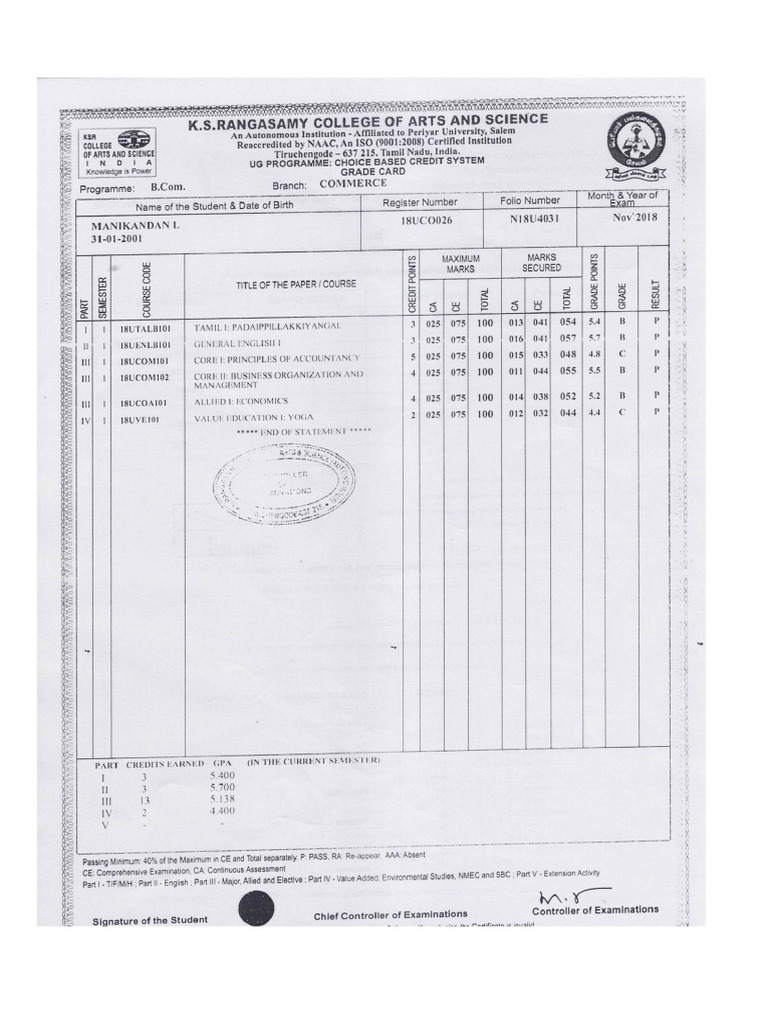 First Sem Marksheet | PDF