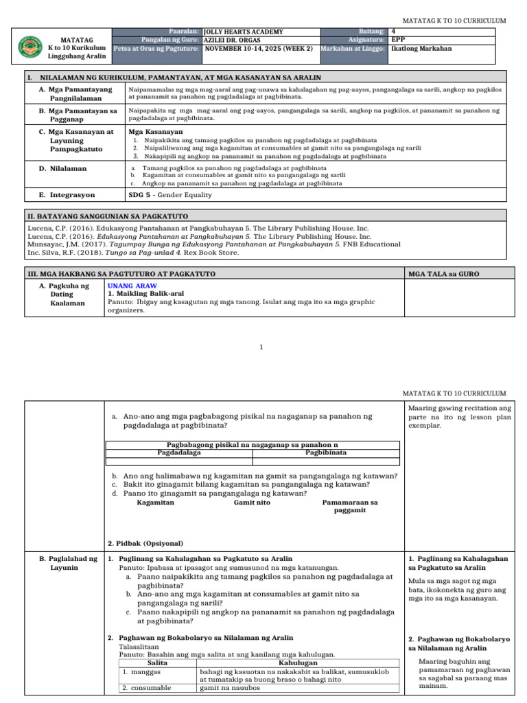DLL Matatag - Epp 4 q3 w2 | PDF