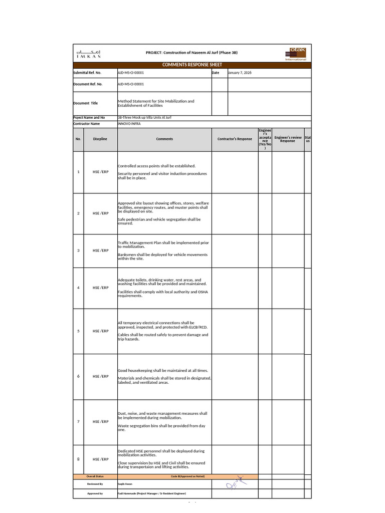 Comments Sheet - Method Statement For Site Mobilization and ...