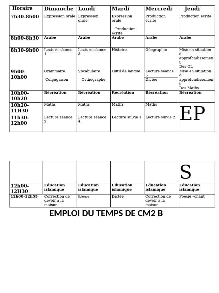 Emploi Du Temps CM2 25 | PDF