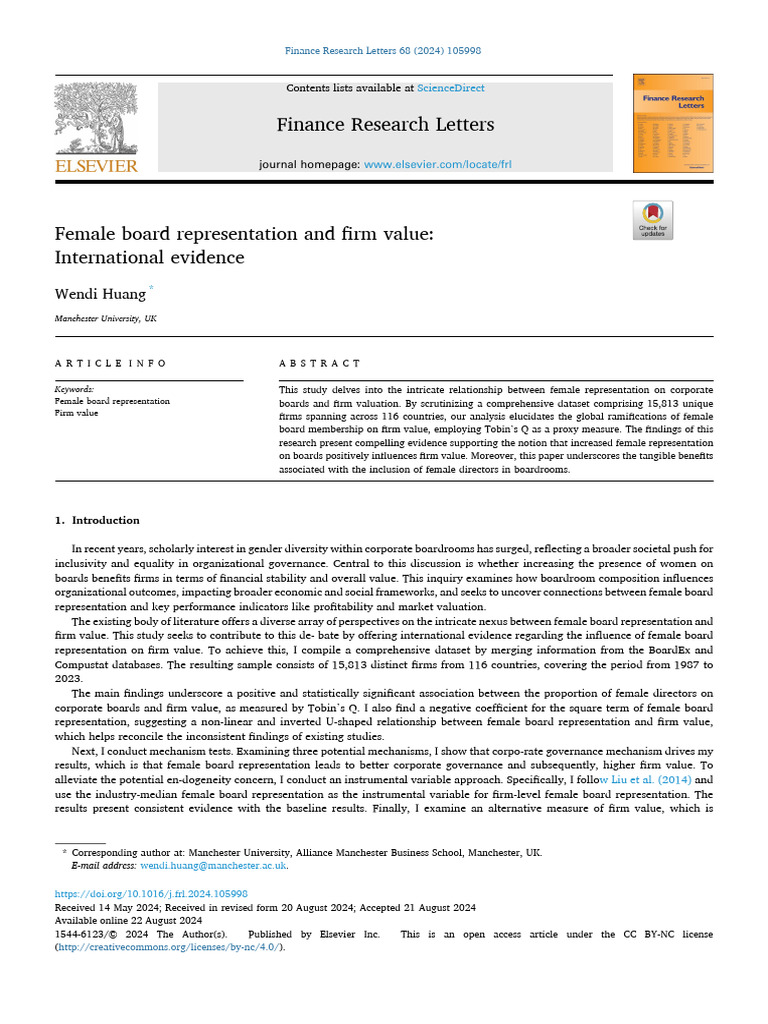Wendi Huang Female Board Representation and Firm Value- International ...