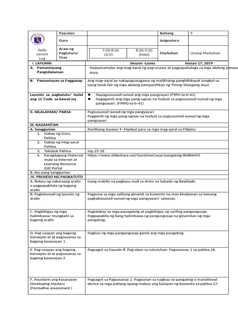 DLL Filipino Template | PDF