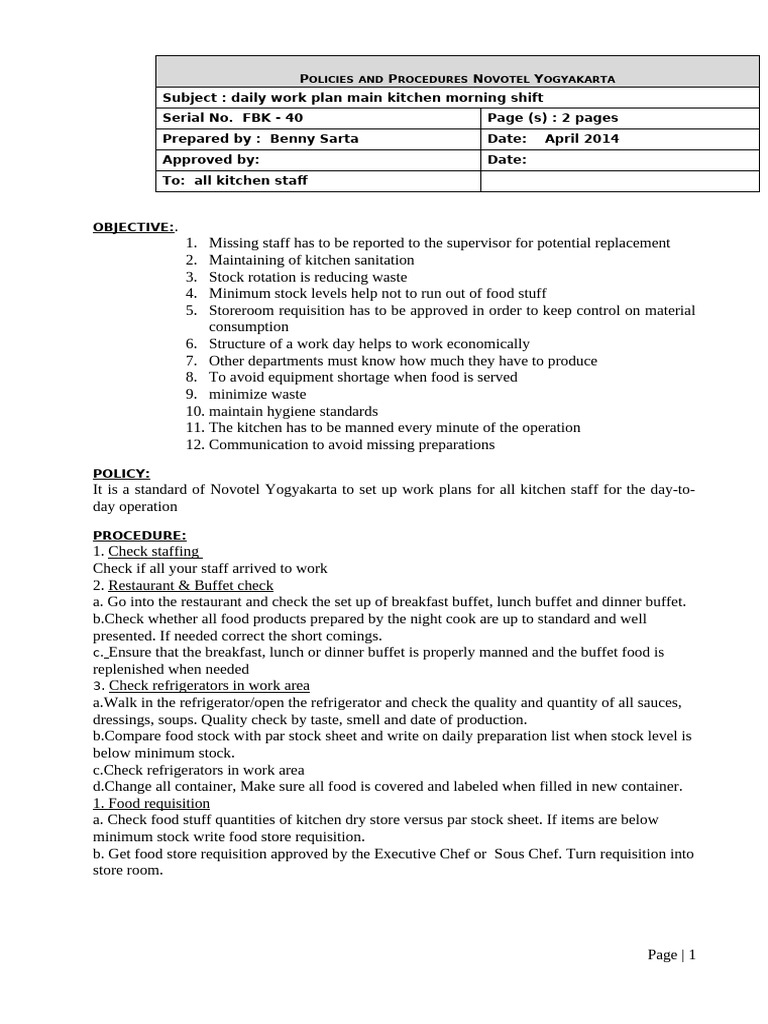 SOP Daily Work Plan Main Kitchen | PDF | Kitchen | Buffet