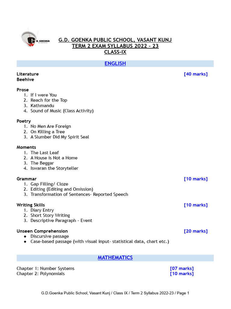 Class IX Term 2 Exam Syllabus (2022-23) - Updated | PDF