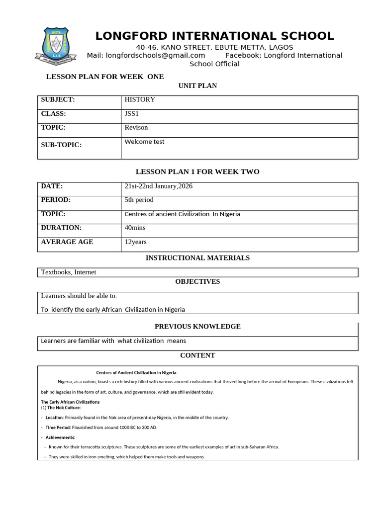 History Lesson Plan For JSS1 SECOND TERM | PDF | Nigeria