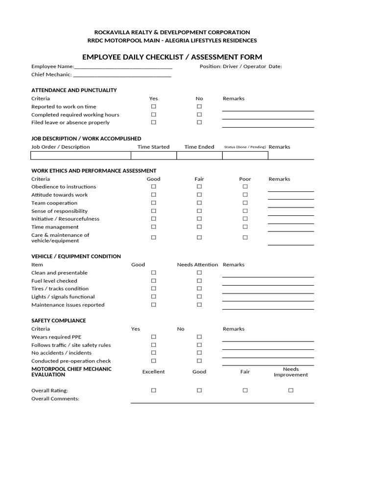 Employee Daily Checklist Assessment | PDF