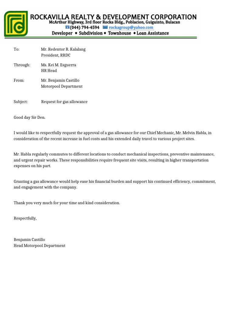 Request For Gas Allowance | PDF | Vehicle Technology | Land Vehicles