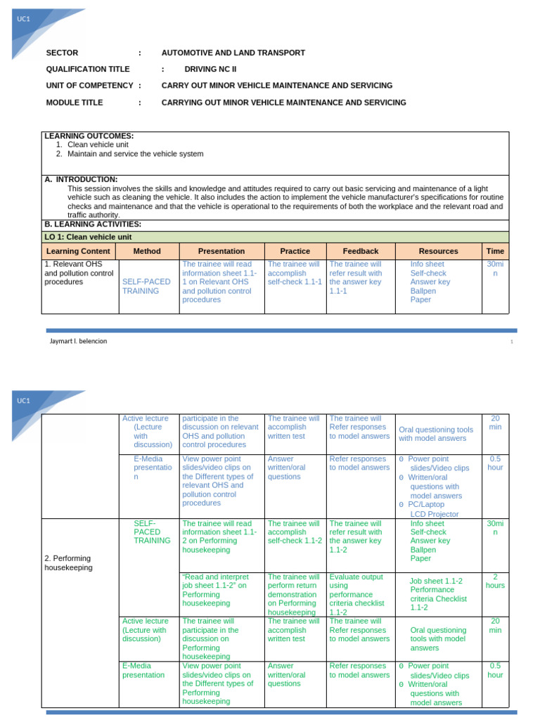 SESSION-Plan-Driving UC1 Core | PDF | Lecture | Learning