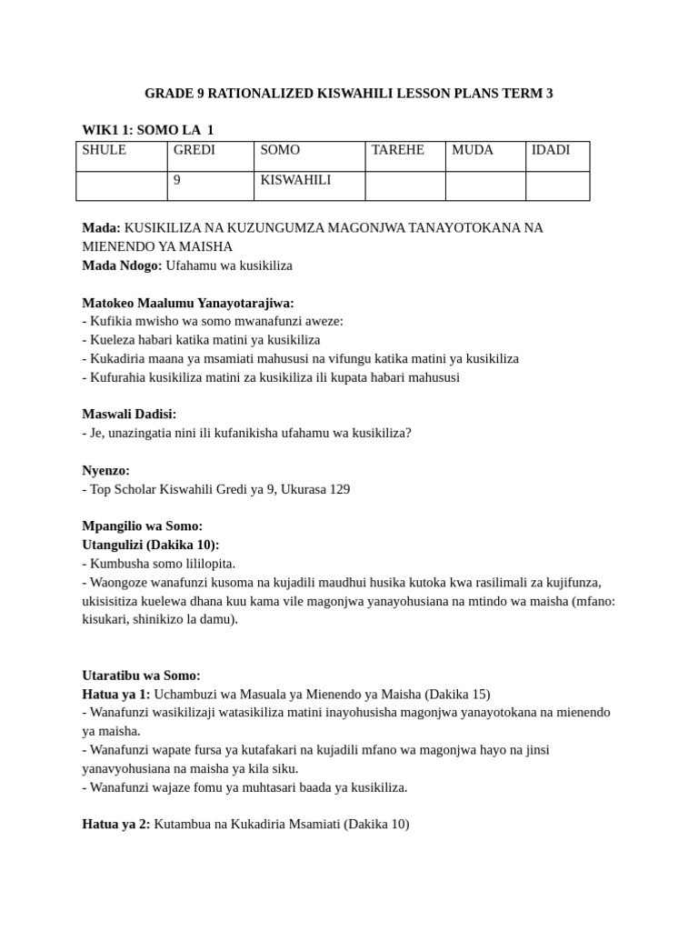 Grade 9 Term 3 Kiswahili Lesson Plans | PDF