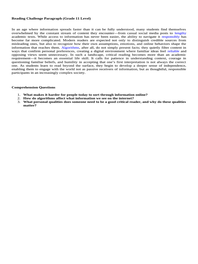 Reading Challenge Paragraph | PDF