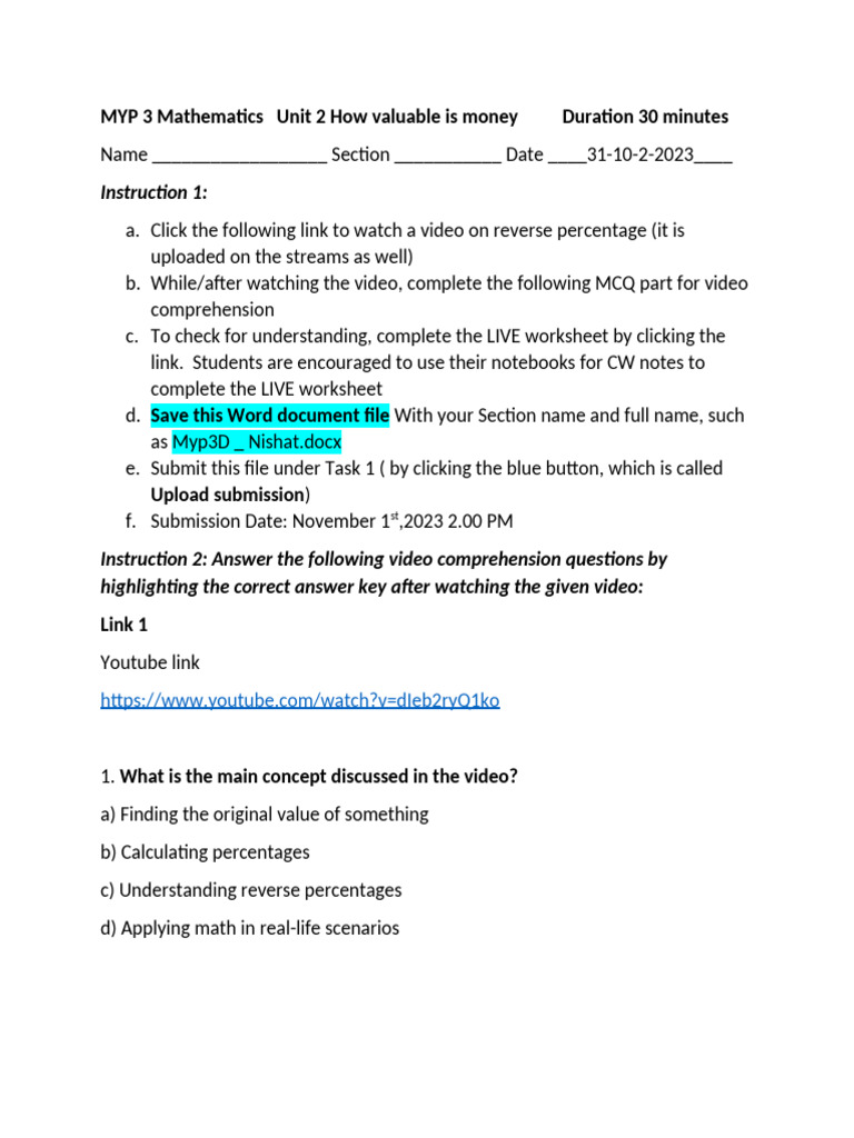 Task1 Reverse Percentage 31st Oct | PDF | Percentage | Mathematics