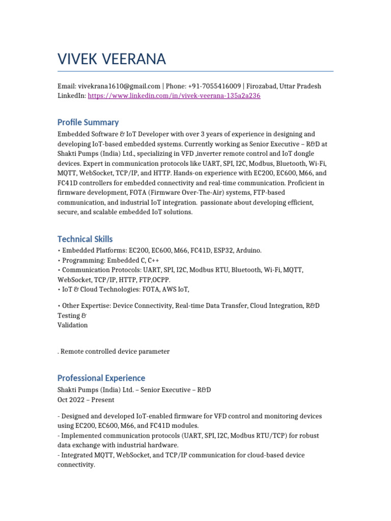 Vivek Veerana Resume-1 | PDF | Internet Of Things | Embedded System