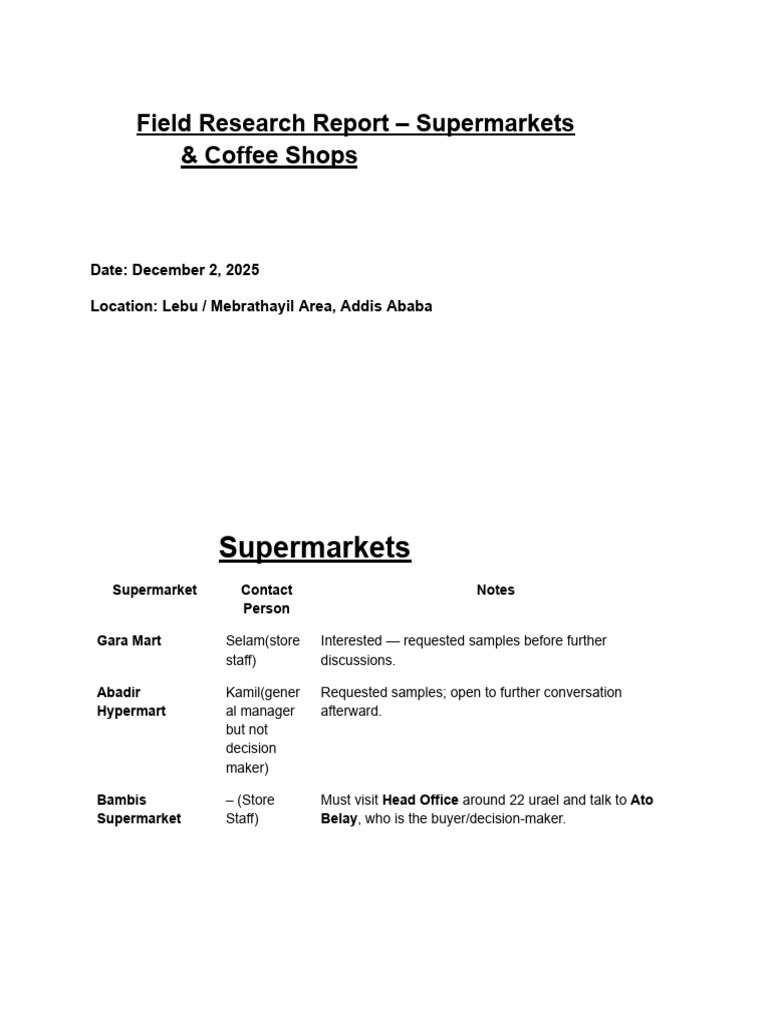 Field Research Report - Supermarkets & Coffee Shops | PDF | Coffee ...