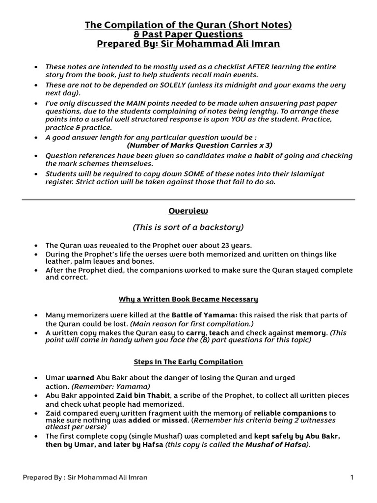 Compilation of The Quran Short Notes & Past Paper Questions | PDF ...