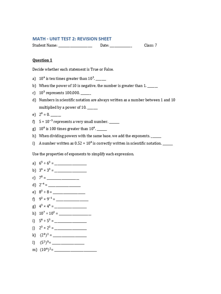 Math Unit Test 2 Revision Sheet New | PDF