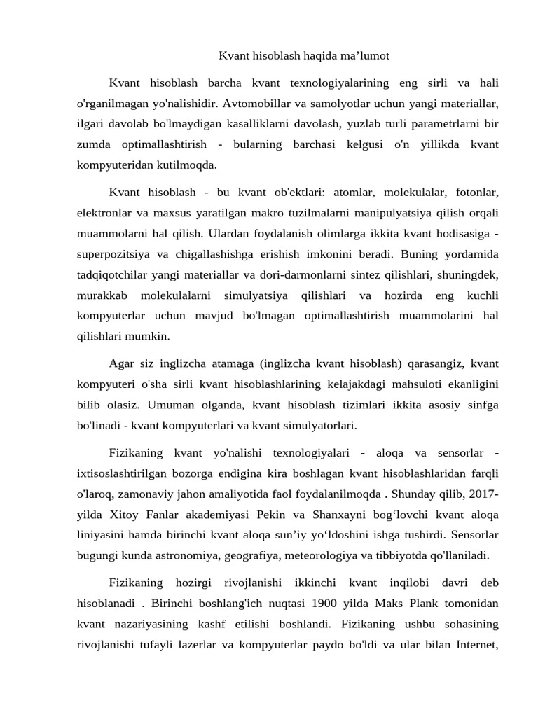 Kvant Hisoblash Haqida Ma | PDF