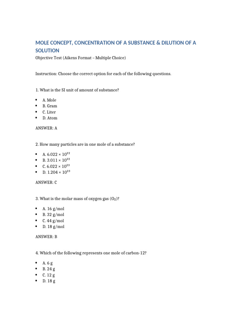 Mole Concentration Dilution Objectives MCQs Aiken | PDF | Mole (Unit ...