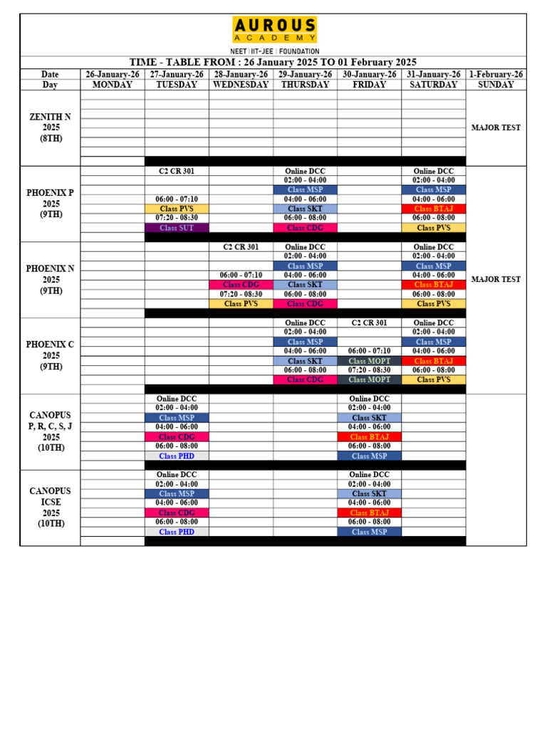 Time Table 26 Jan to 01 Feb1769525178030 | PDF | Tests | Career And ...
