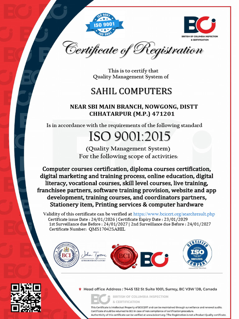 Sahil Computers Iso 9001 Final Copye Qms17042sahil | PDF