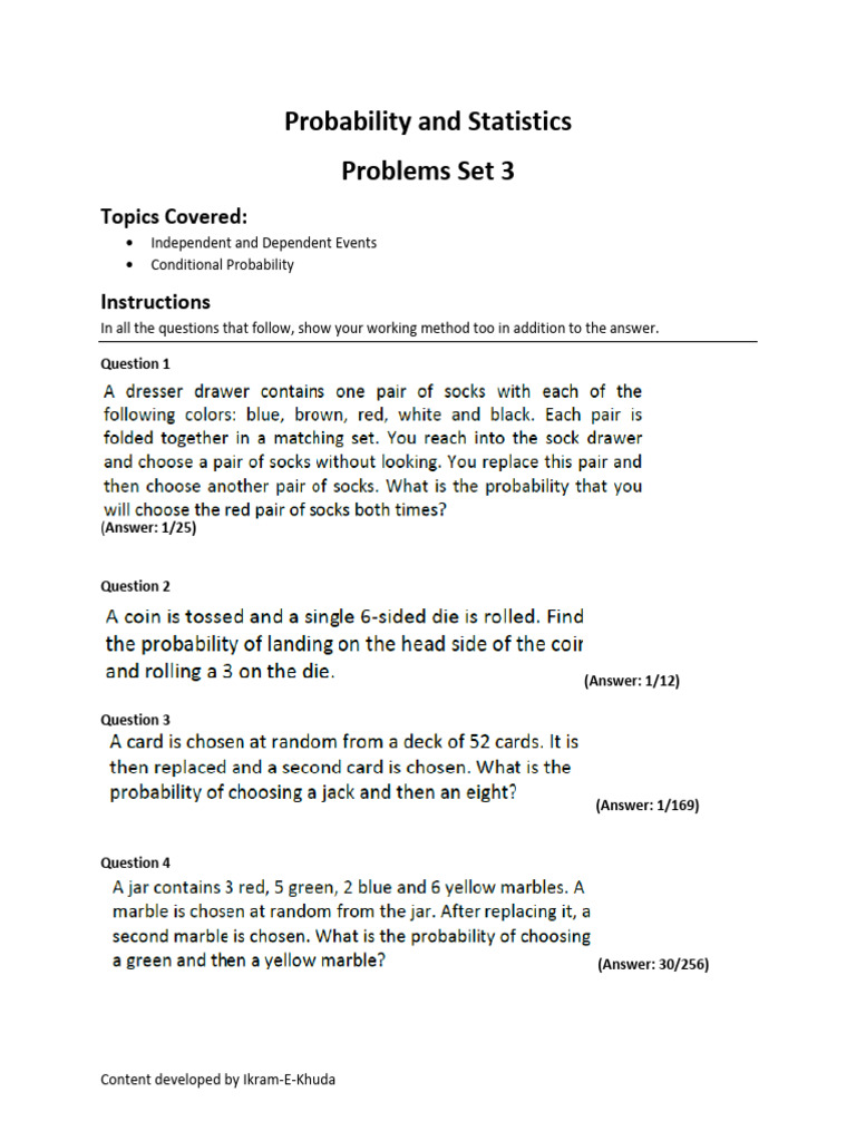 Probability and Statistics-Problems Set 3 | PDF