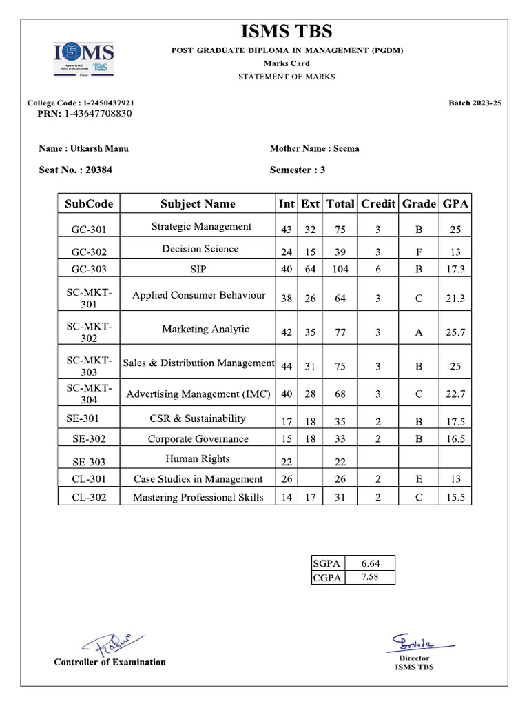 Result Sem 3 Utkarsh Manu | PDF