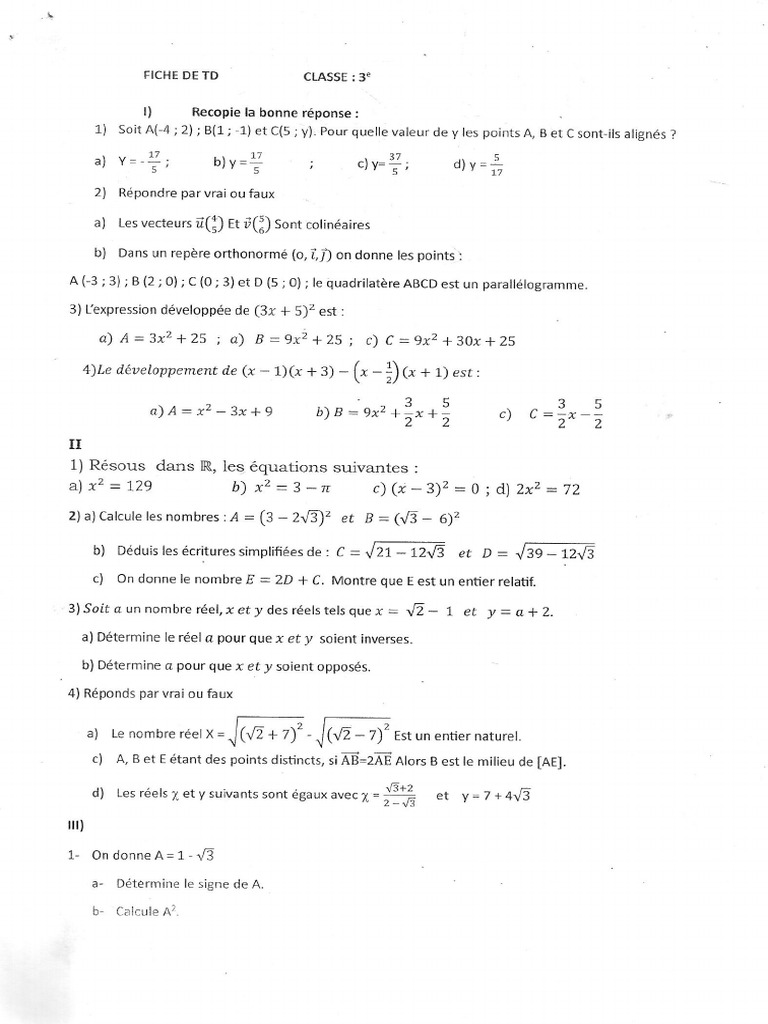 TD Math 3ème Partena | PDF