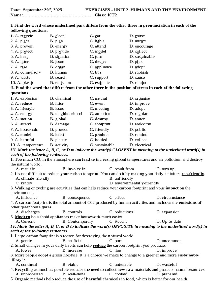 Exercises Unit 2 (September 30 2025) | PDF | Drinking Water | Energy ...