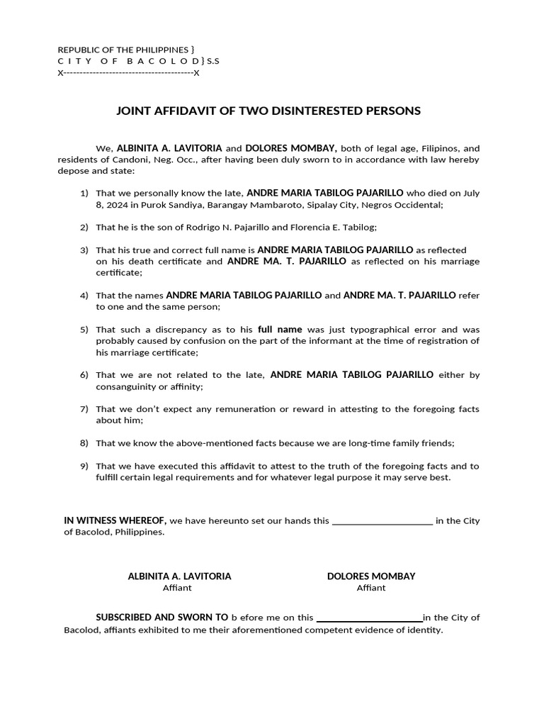 Joint Affidavit of Two Disinterested Persons | PDF | Affidavit | Legal ...