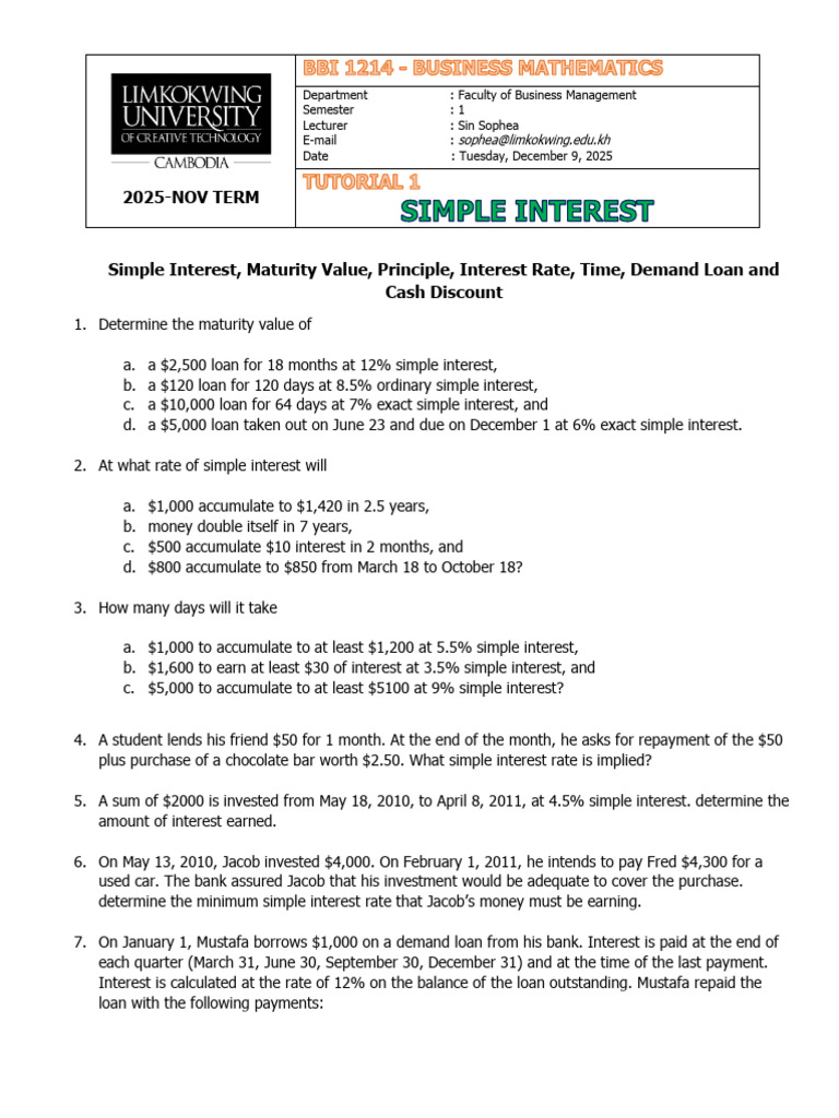 BM - Tutorial 1 - Simple Interest (3) | PDF | Interest | Loans