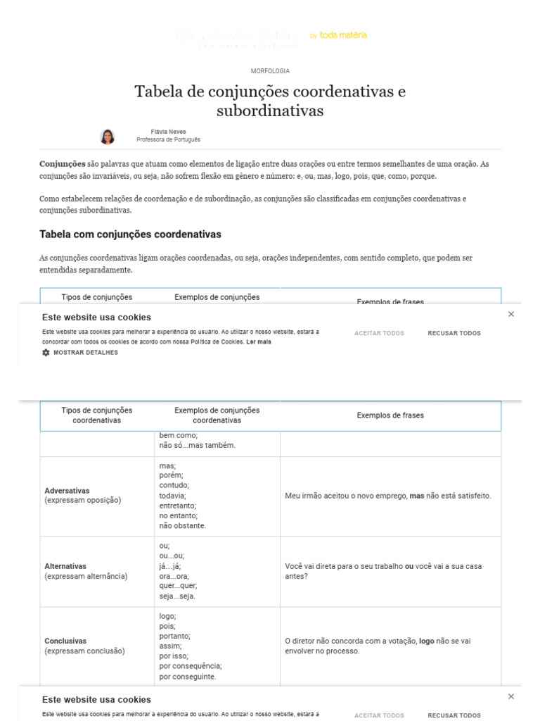 Tabela de Conjunções Coordenativas e Subordinativas - Norma Culta | PDF ...
