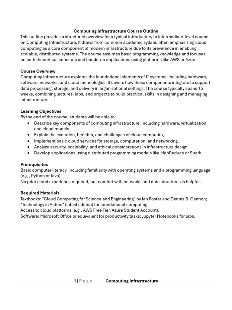 Computing Infrastructure Course Outline | PDF | Cloud Computing ...