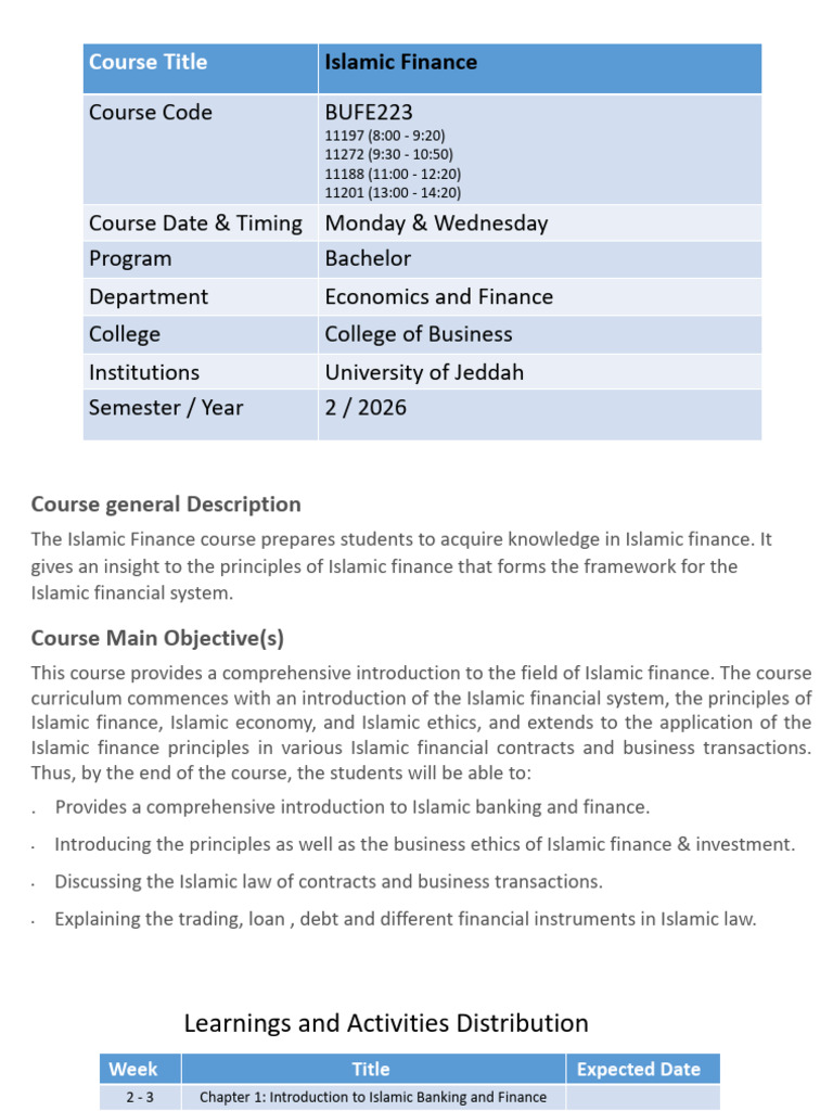 Islamic Finanace - BUFE223 - Course Layout 02 - 2026 | PDF | Islamic ...