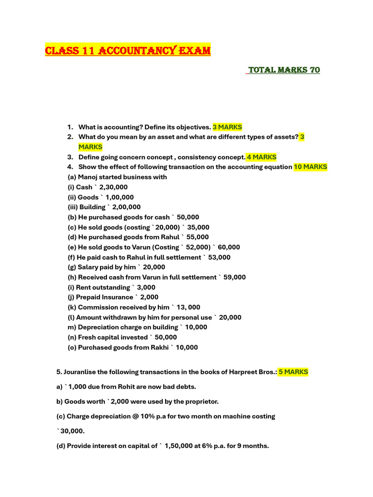 Class 11 Accountancy Exam | PDF | Financial Services | Money