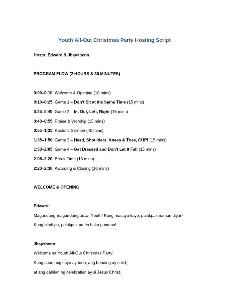 Youth All Out Christmas Party Script | PDF