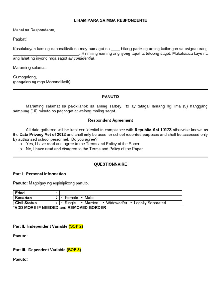 Template For Questionnaire 1 | PDF