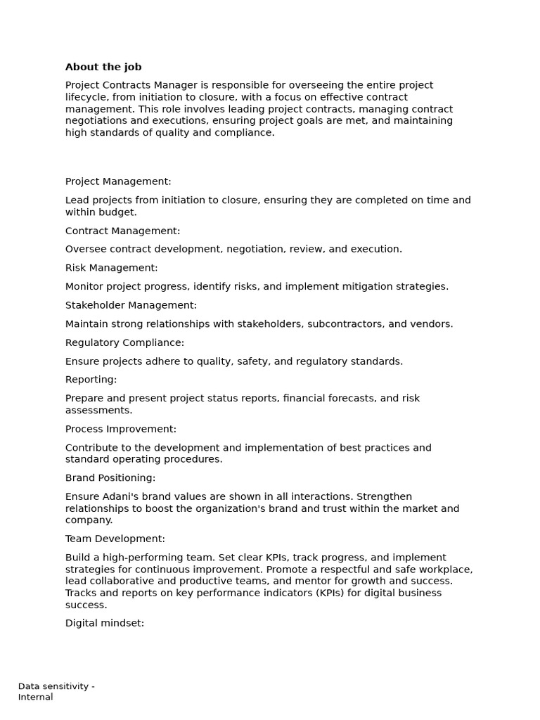 Project Contracts Manager-Adani | PDF | Project Management | Risk ...